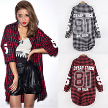 Red Women Boyfriend BF Style Monogrammed Plaid Long Sleeves Long Oversized Loose Shirt W  Back Letter   Numbers Print SM6