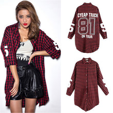 Red Women Boyfriend BF Style Monogrammed Plaid Long Sleeves Long Oversized Loose Shirt W  Back Letter   Numbers Print SM6