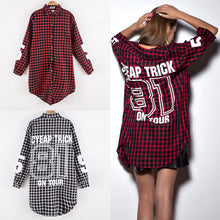 Red Women Boyfriend BF Style Monogrammed Plaid Long Sleeves Long Oversized Loose Shirt W  Back Letter   Numbers Print SM6