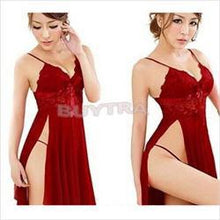 Red sexy long dressing night gown transparent dress evening nightgown nightie sleepwear lingerie for women SM6