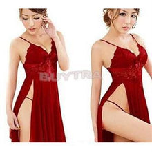 Red sexy long dressing night gown transparent dress evening nightgown nightie sleepwear lingerie for women SM6