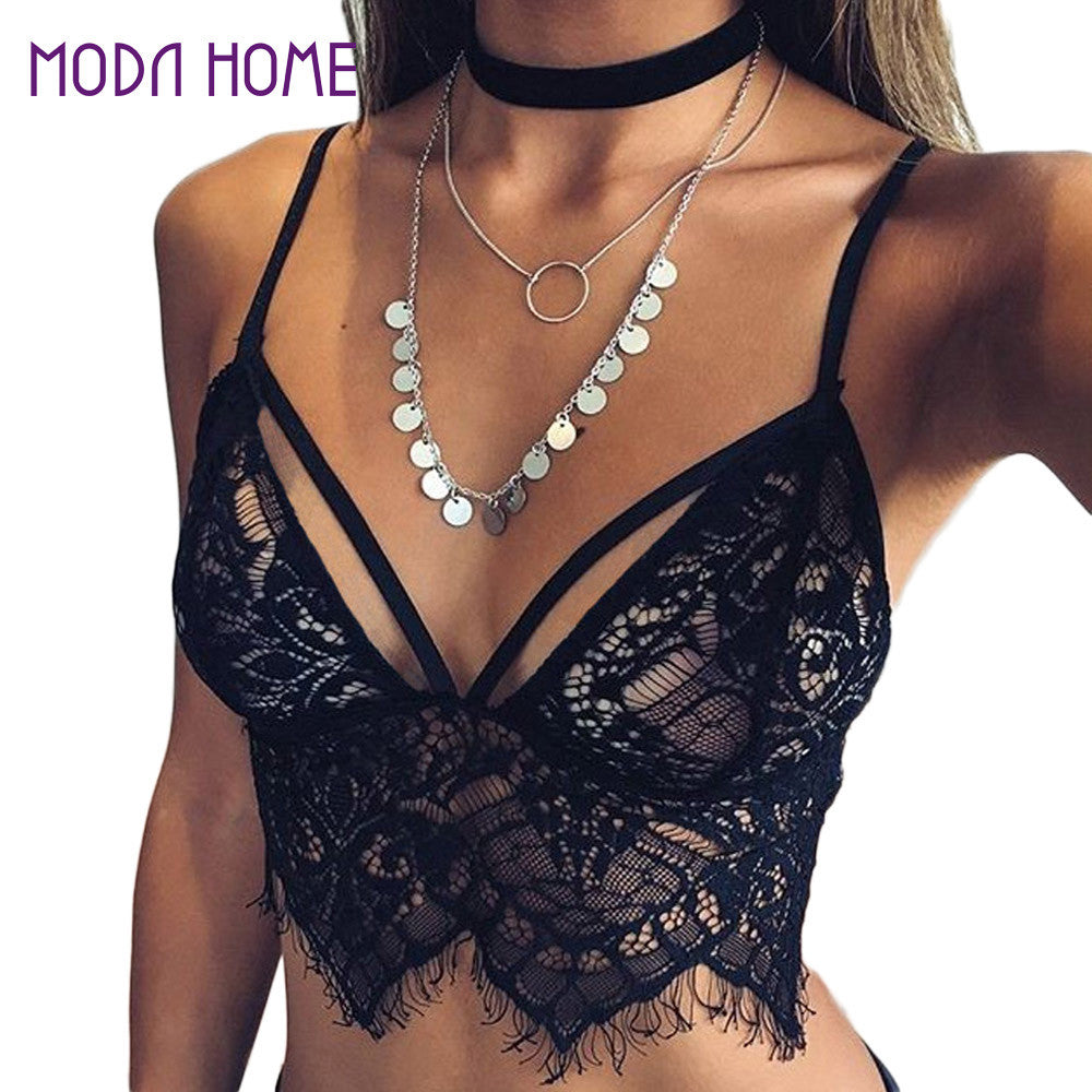 Sexy Bra Sheer Lace Women Crop Tops Mesh Tassel Hollow Out Adjustable Strap Bralette Unlined Cup Unpadded Bra Beachwear SM6