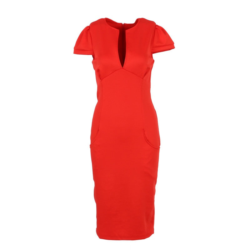 Sexy Fashion Women Pencil Dress Sleeve Puff Plunge V-Neck Pocket Slim Bodycon Midi Office Dress OL Women Work Party Wear SM6