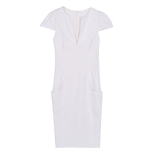 Sexy Fashion Women Pencil Dress Sleeve Puff Plunge V-Neck Pocket Slim Bodycon Midi Office Dress OL Women Work Party Wear SM6