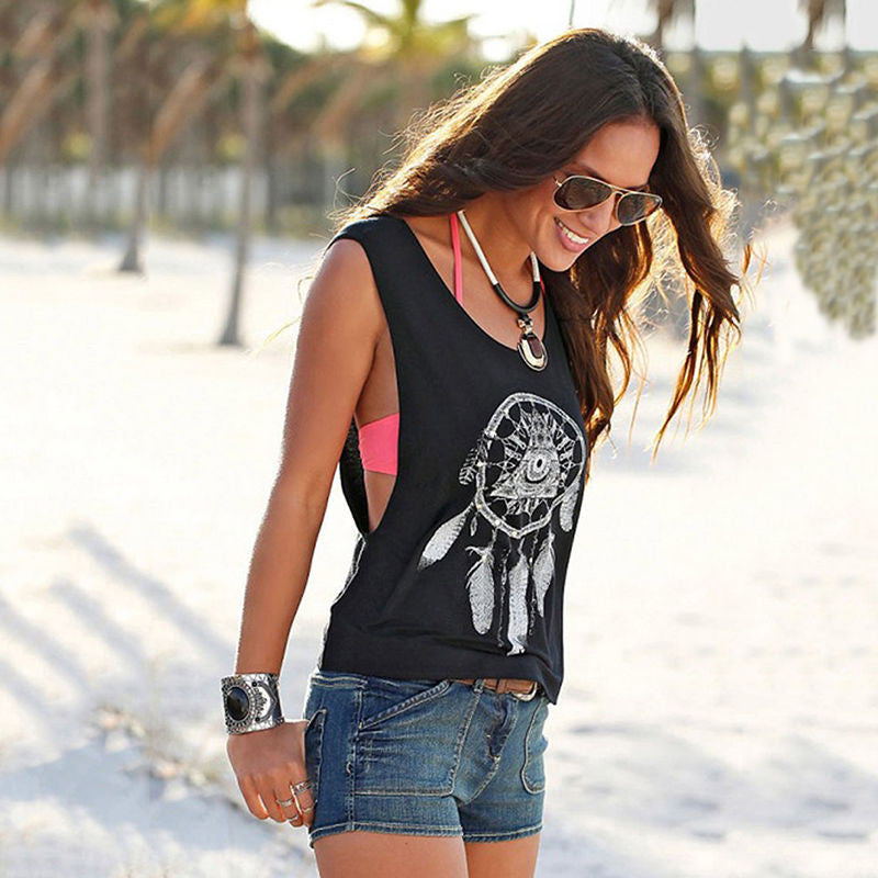 Sexy Hollow Out Tank Tops S-XL Black Dream Catcher Print Tanks For Women Vest Top Sleeveless Shirt Blouse SM6