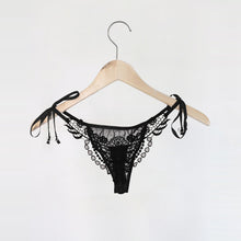 Sexy Transparent Panties Women Crochet Lace Lingerie G String Low Waist Self-Tie Strap Beaded Thong Underwear BlackWhite Bragas SM6
