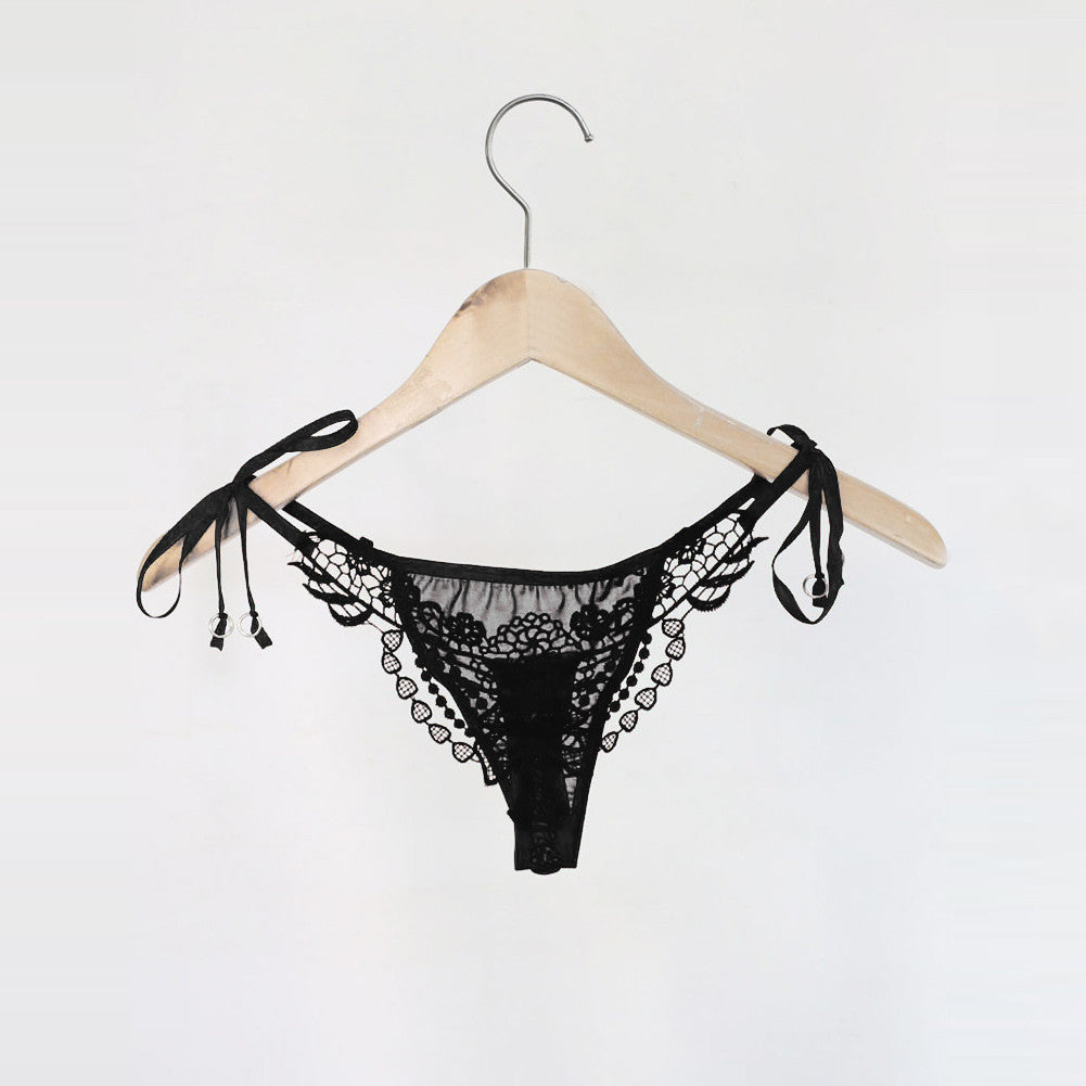 Sexy Transparent Panties Women Crochet Lace Lingerie G String Low Waist Self-Tie Strap Beaded Thong Underwear BlackWhite Bragas SM6