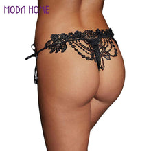 Sexy Transparent Panties Women Crochet Lace Lingerie G String Low Waist Self-Tie Strap Beaded Thong Underwear BlackWhite Bragas SM6