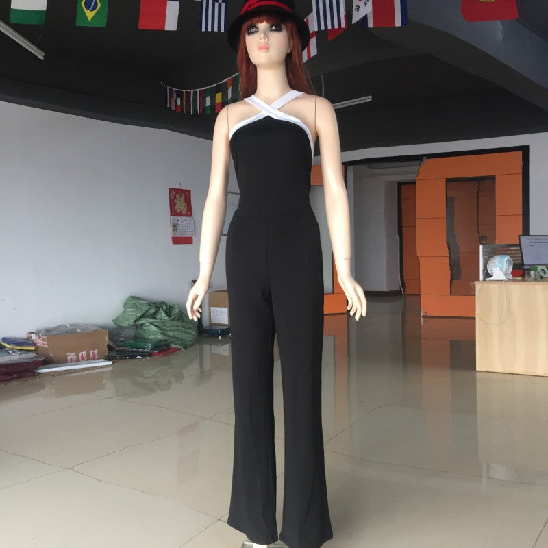 Sexy Women Halter Bodycon Elegant Playsuit Sleeveless Patchwork Black Jumpsuit Romper Trousers Clubwear SM6