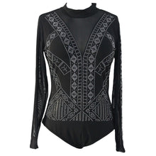 Sexy Women Sequin Bodysuit Sparkling Rhinestone Stud Mesh Splicing Playsuit Open Back Long Sleeve Bodycon Jumpsuit WhiteBlack SM6