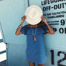 Slash Neck Woman Dress  Blue Off The Shoulder Flounce Pockets Casual Straight Mini Dress SM6