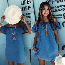 Slash Neck Woman Dress  Blue Off The Shoulder Flounce Pockets Casual Straight Mini Dress SM6