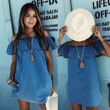 Slash Neck Woman Dress  Blue Off The Shoulder Flounce Pockets Casual Straight Mini Dress SM6