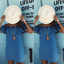 Slash Neck Woman Dress  Blue Off The Shoulder Flounce Pockets Casual Straight Mini Dress SM6