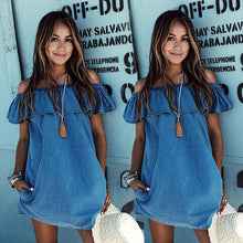 Slash Neck Woman Dress  Blue Off The Shoulder Flounce Pockets Casual Straight Mini Dress SM6
