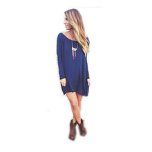 Solid Color Women Girl Casual Dress Cotton Blend Long Sleeve Loose Shirt Dress BlueSM6