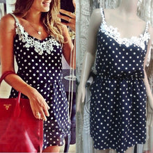 Stylish Sexy Women Strap Dress Polka Dots Blue Mini Dress Lace Chiffon SundressSM6