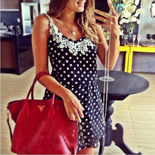 Stylish Sexy Women Strap Dress Polka Dots Blue Mini Dress Lace Chiffon SundressSM6