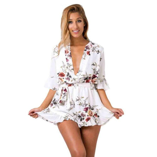 Beach Playsuits Rompers Women  Fashion Short Jumpsuit Ladies Casual Deep V Neck Half Sleeve combinaison femme #63 SM6