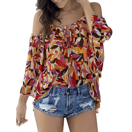 Blouses  Women Fashion Print Leaf Tops Women Girls Off Shoulder Chiffon Shirt Women Casual Loose Beach Blouses #23 SM6