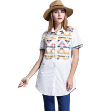 Blusa Feminina Long Women Blouse Plus Size Geometric Pattern Women Shirt Buttons Short Sleeve Asymmetrical Hem Casual Top SM6