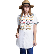 Blusa Feminina Long Women Blouse Plus Size Geometric Pattern Women Shirt Buttons Short Sleeve Asymmetrical Hem Casual Top SM6