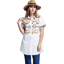 Blusa Feminina Long Women Blouse Plus Size Geometric Pattern Women Shirt Buttons Short Sleeve Asymmetrical Hem Casual Top SM6