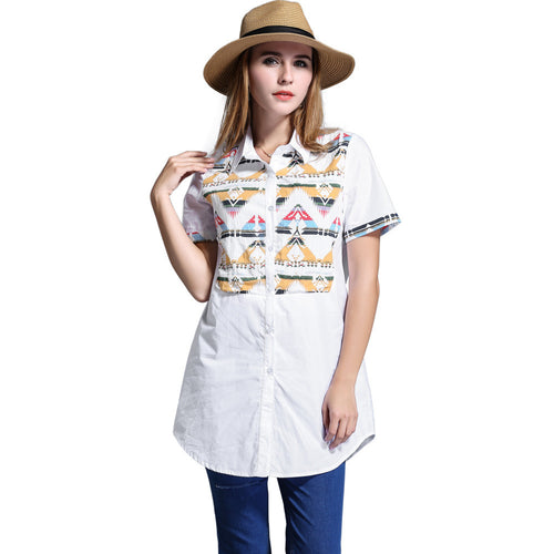 Blusa Feminina Long Women Blouse Plus Size Geometric Pattern Women Shirt Buttons Short Sleeve Asymmetrical Hem Casual Top SM6