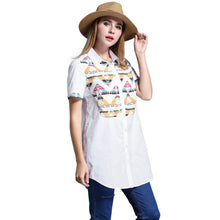 Blusa Feminina Long Women Blouse Plus Size Geometric Pattern Women Shirt Buttons Short Sleeve Asymmetrical Hem Casual Top SM6