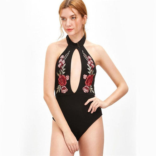 Bodysuits Women  Appliques Rose Floral Bodysuit Short Jumpsuit And Rompers Halter Neck Tops combinaison femme #63 SM6