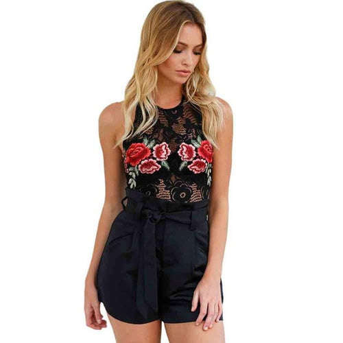 Bodysuits Women Clubwear Embroidered Floral Black Backless Halter Bodycon Sexy Bodysuit Short Jumpsuit Women #63 SM6