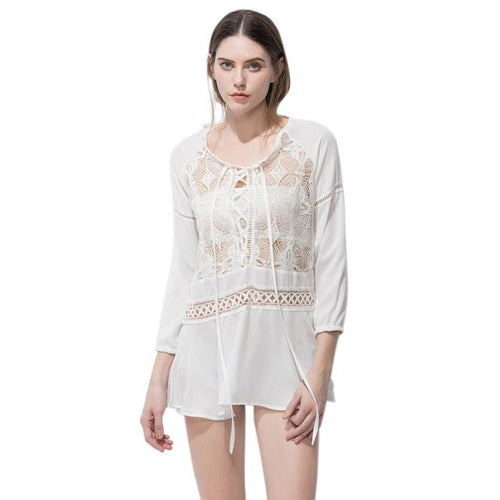 Chiffon Hollow Out Blouses Women Long Sleeve Lacing Up Sexy Lace Blouse Beach Tops Ladies Camisas femininas  #63 SM6