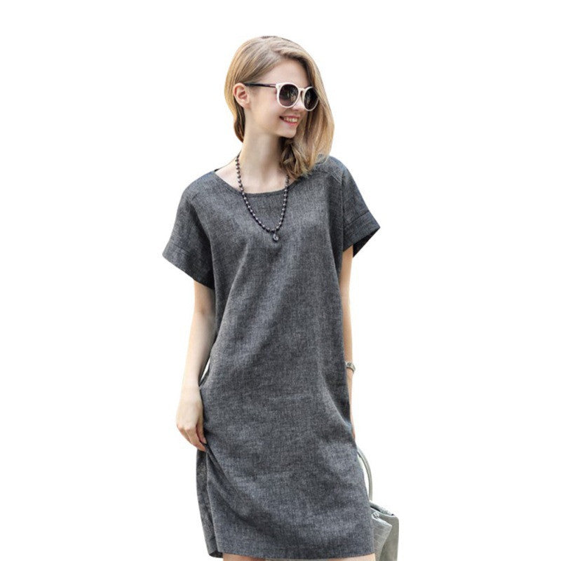 Women Casual Loose Cotton Linen Dress Short Sleeve Tunic Belt Dresses P16 SM6