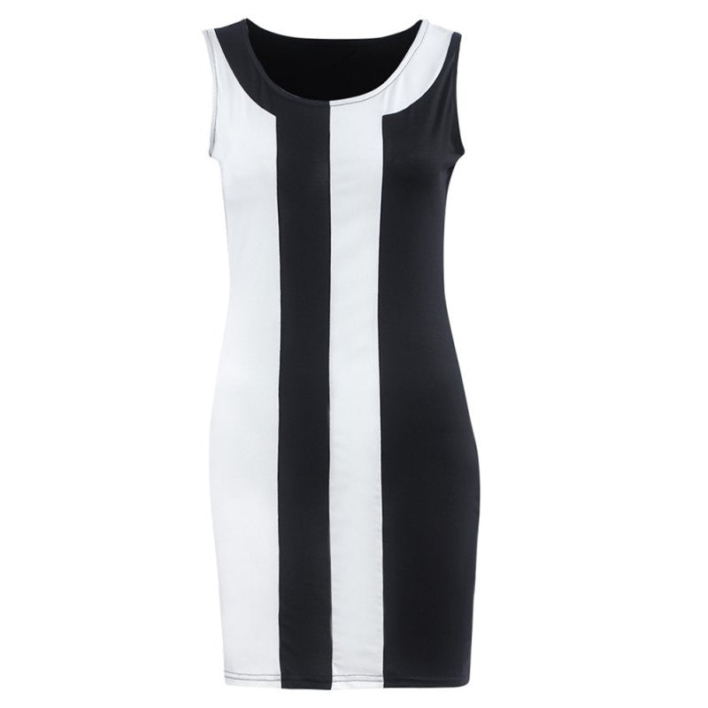 Women Dresses Fashion Black and White Striped Sexy Sleeveless Party Evening Mini Short Straight Dresses SM6