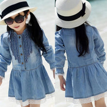 Toddler Kids Baby Girls Long Sleeve Denim Dress Lace Flower Hem Jeans One-piece DressesSM6