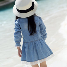 Toddler Kids Baby Girls Long Sleeve Denim Dress Lace Flower Hem Jeans One-piece DressesSM6
