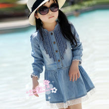 Toddler Kids Baby Girls Long Sleeve Denim Dress Lace Flower Hem Jeans One-piece DressesSM6