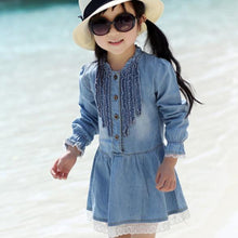 Toddler Kids Baby Girls Long Sleeve Denim Dress Lace Flower Hem Jeans One-piece DressesSM6