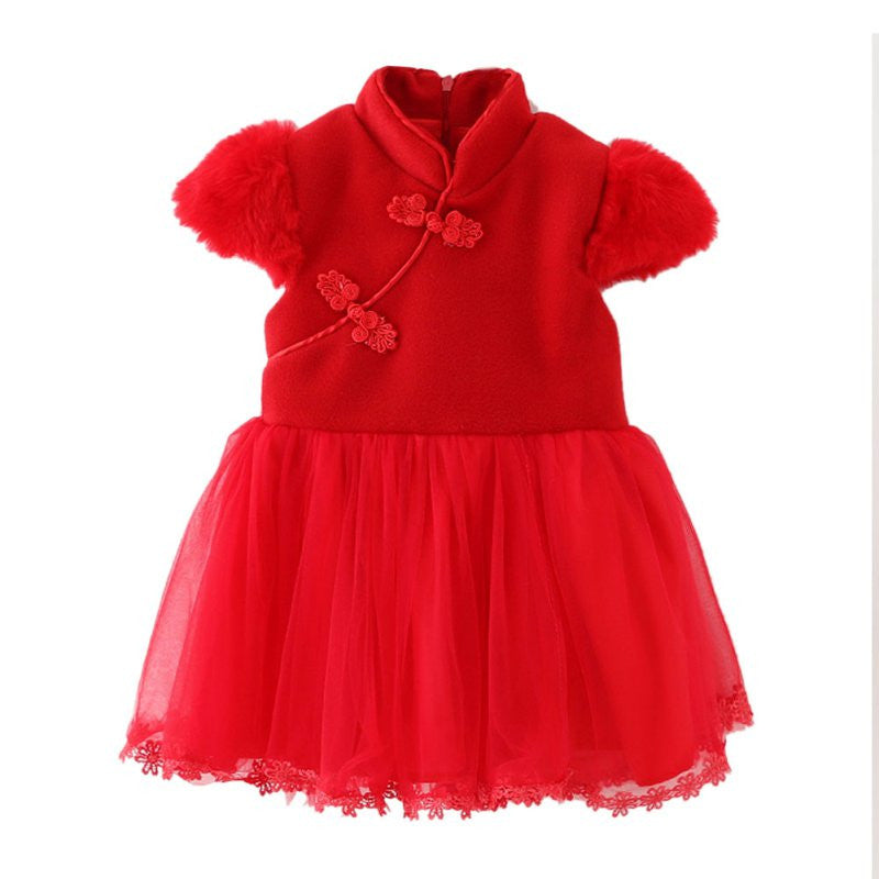 Toddler Kids Girls Short Sleeve Flowers Print Red Ball Gown Party Tang Suit Prom Dress SM6