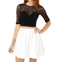 Sexy Women Crop Top Mesh Cutout Sweetheart Neckline Tops Ladies Short Sleeve Tops Black Shirt SM6