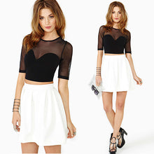 Sexy Women Crop Top Mesh Cutout Sweetheart Neckline Tops Ladies Short Sleeve Tops Black Shirt SM6