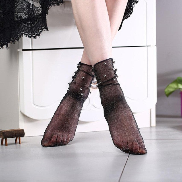 Transparent Socks Thin Pearl Women Short Socks Black Lace Korean Socks Women Ankle Socks Chaussettes Femme Fantaisie#212 SM6