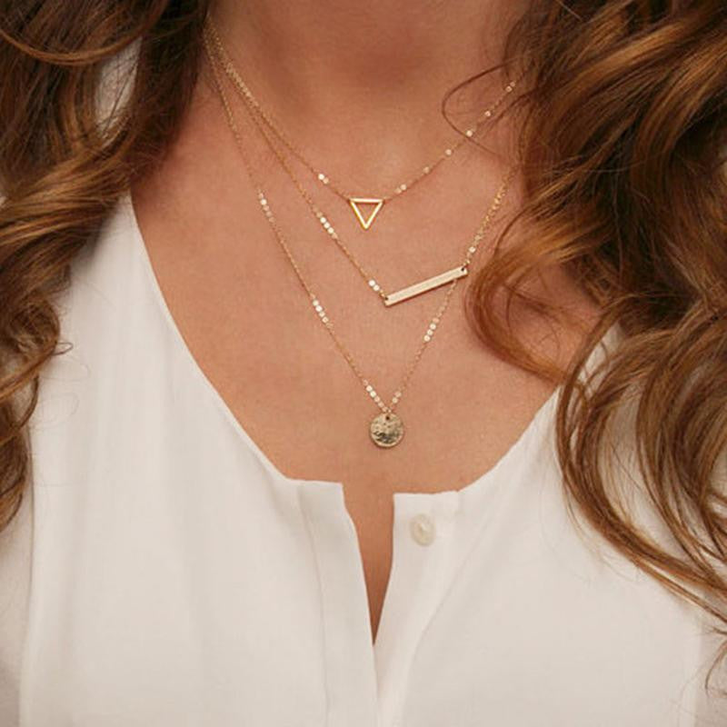 Trendy Women Jewelry Multilayer Long Chain Golden Tone Geometry Pendant Necklace Design SM6