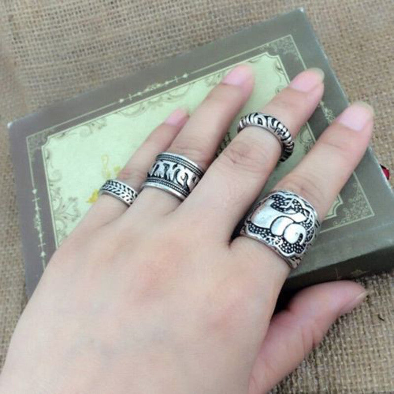 Vintage Punk Ring Set Unique Carved Antique Silver Elephant Totem Leaf Lucky Rings for Women Boho Beach Jewelry 4pc SM6