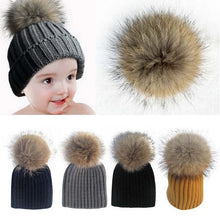 Warm Child Baby Girls Boys Knitted Woolen Natural Crochet Ski Kids Beanies Caps Raccoon Fur Pom Bobble Hats SM6