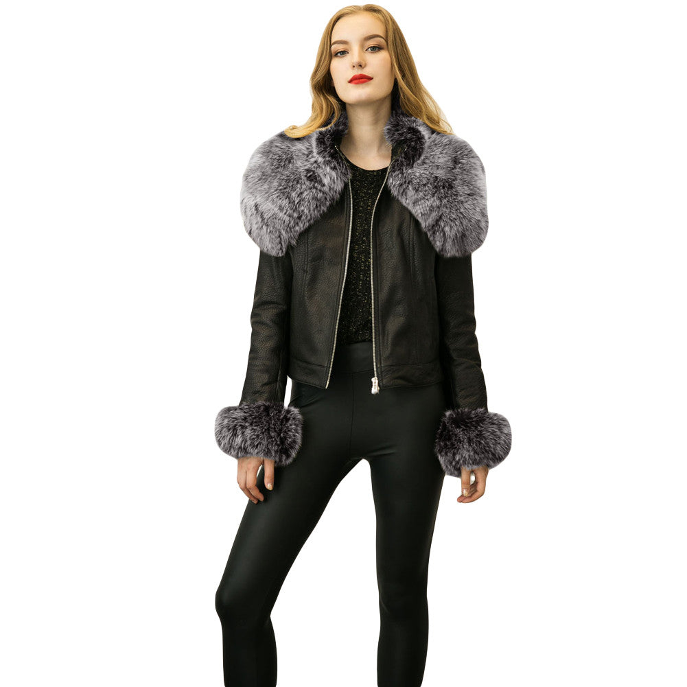 Women Short PU Leather Jacket Faux Fur Long Sleeve Bomber Motorcycle Zipper Coat Slim Punk Outerwear Jaqueta De Couro SM6