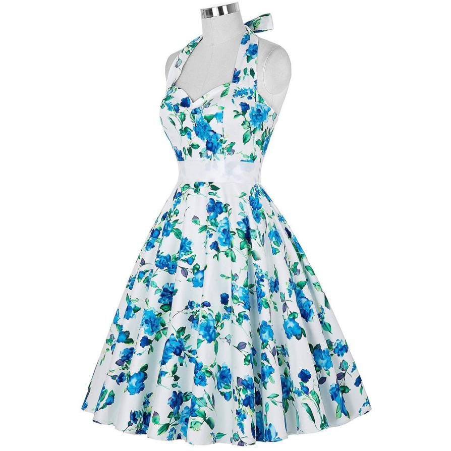 Woman Dress Summer Blue Flower Sleeveless A-Line Halter Floral Dress L –  summer life6