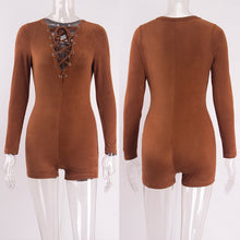 Women Sexy Elegant Suede Fabric Jumpsuit Plunge V Neck Bandage Bodysuit Casual Long Sleeve Evening Jumpsuit SM6