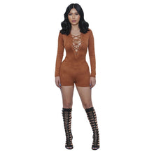 Women Sexy Elegant Suede Fabric Jumpsuit Plunge V Neck Bandage Bodysuit Casual Long Sleeve Evening Jumpsuit SM6