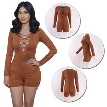 Women Sexy Elegant Suede Fabric Jumpsuit Plunge V Neck Bandage Bodysuit Casual Long Sleeve Evening Jumpsuit SM6